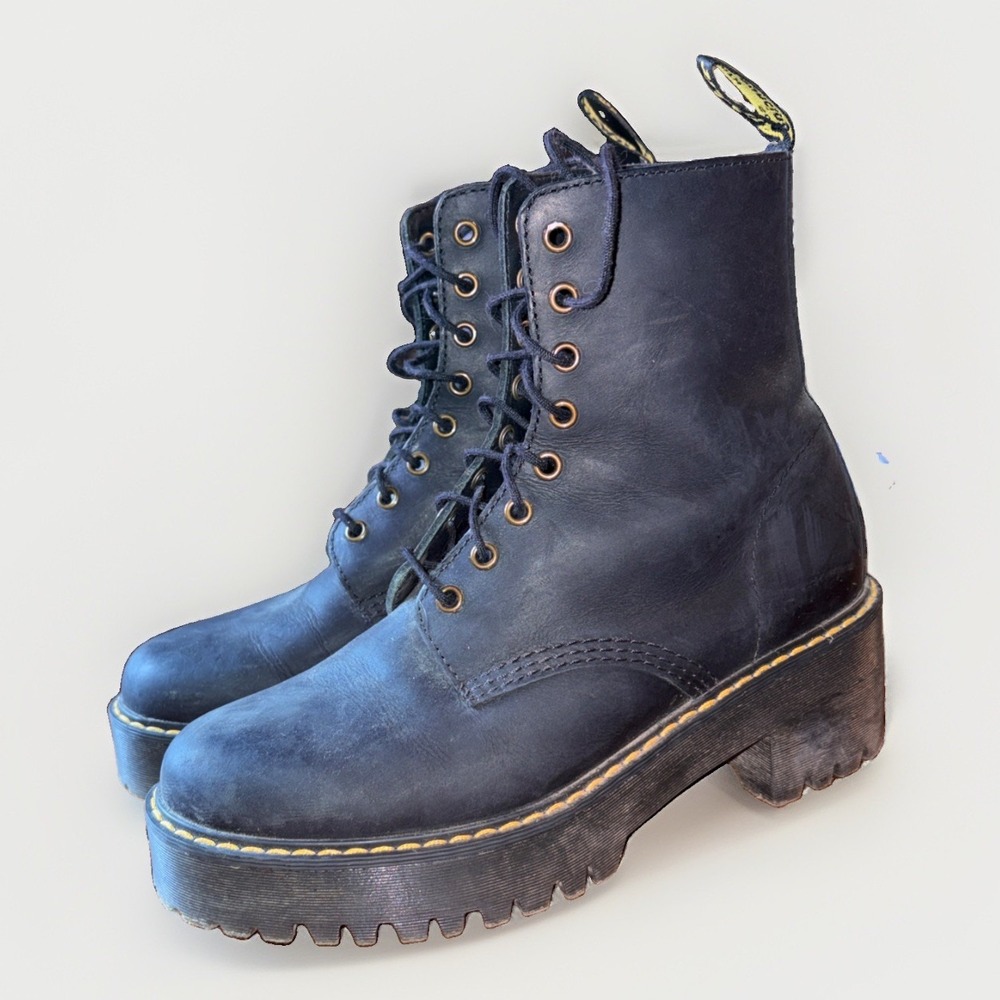 Doc Martens SHRIVER HI Black Oilskin Leather Heeled CHIC BOHO Combat Boots US 10